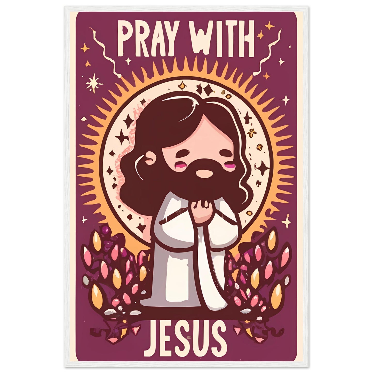 Pray with Jesus Cartoon Chibi Kawaii Jesus Praying Framed Poster