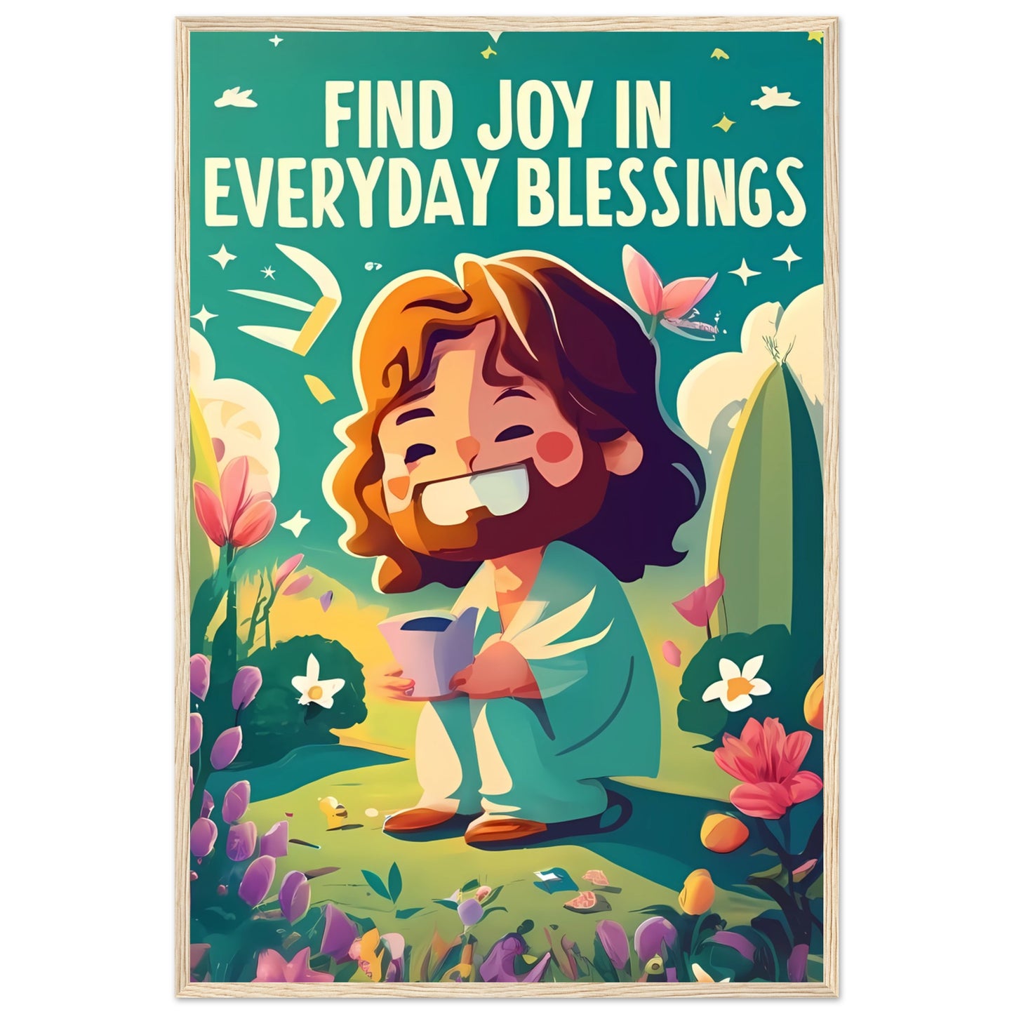 Cartoon Jesus Find Joy in Everyday Blessings Framed Poster