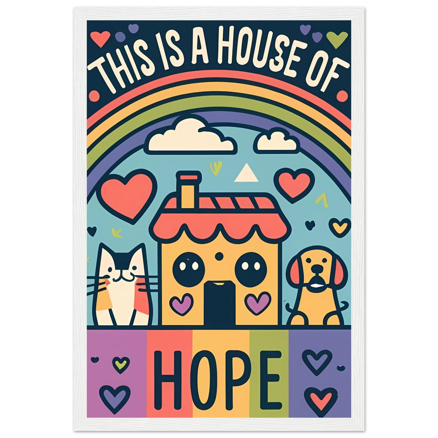 This Is a House of Hope Rainbow Kawaii Cat, Dog, and House Framed Poster