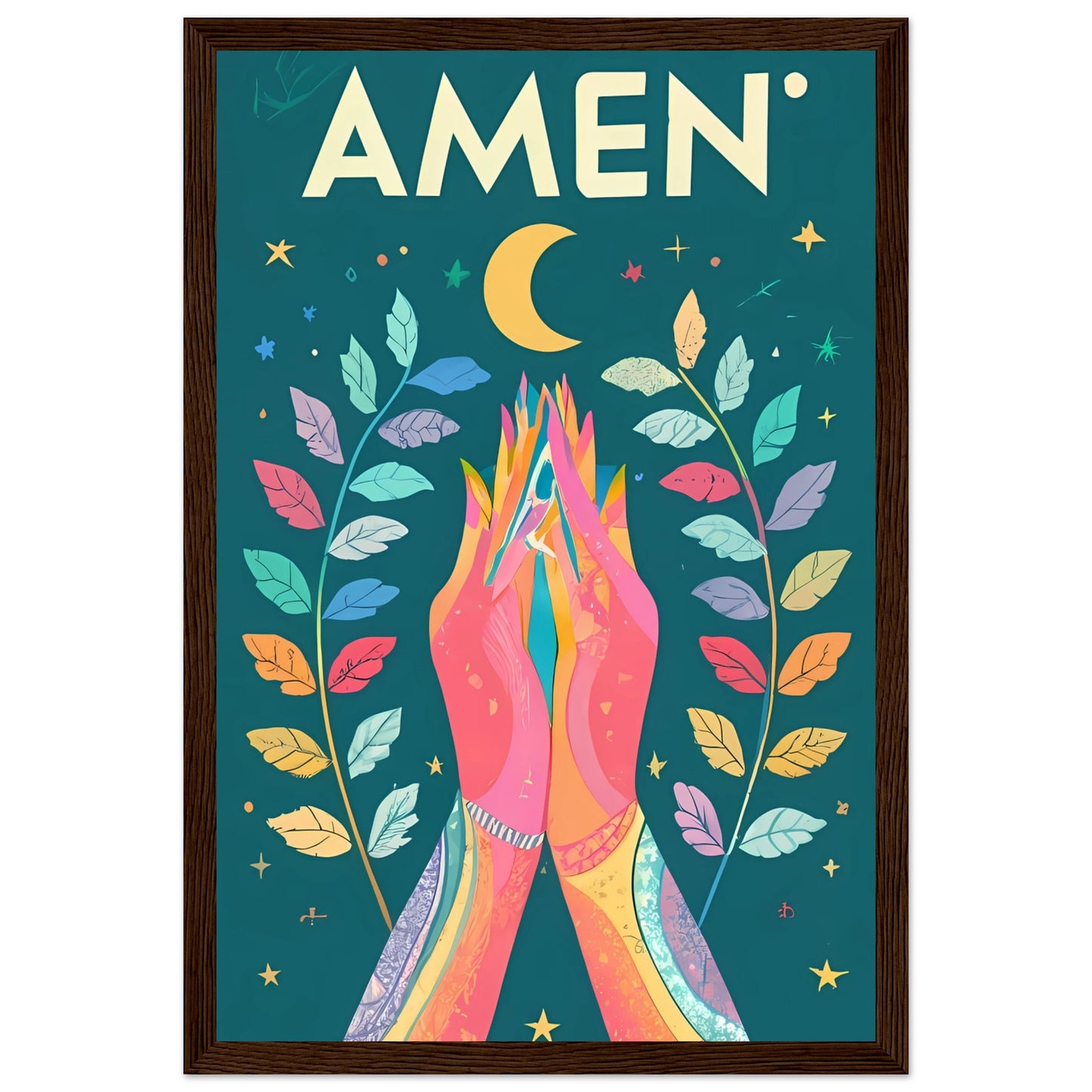AMEN Hands Raised in Worship Framed Poster with Rainbow Floral, Star, and Moon