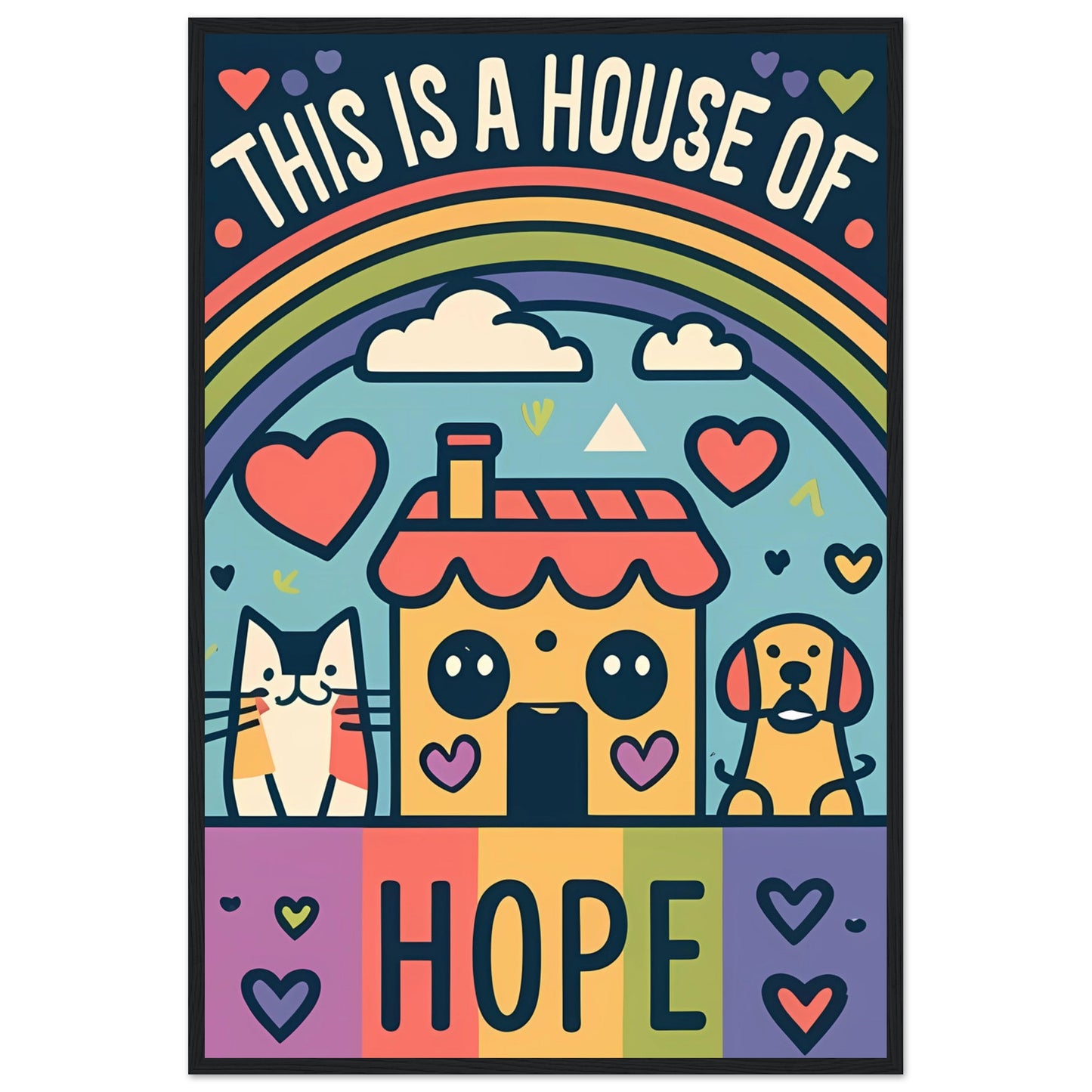 This Is a House of Hope Rainbow Kawaii Cat, Dog, and House Framed Poster