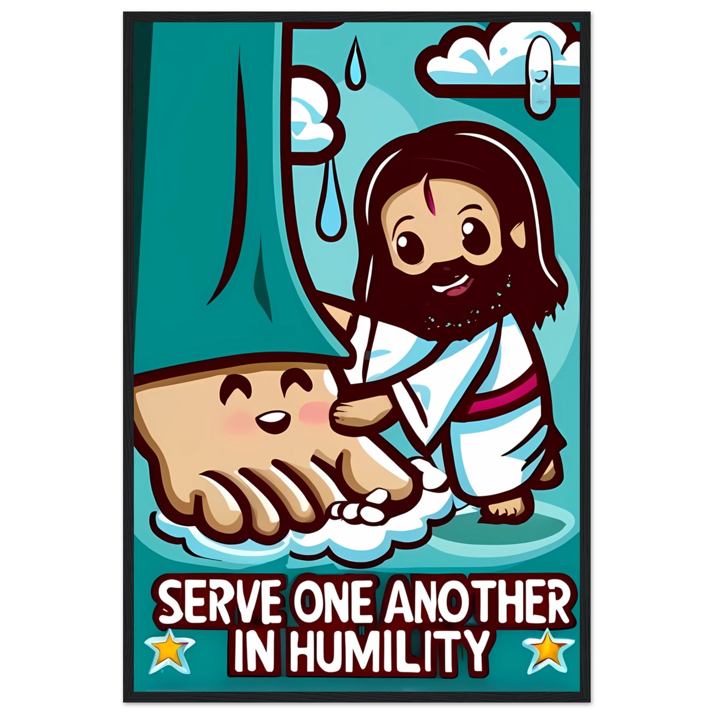 Cartoon Jesus Serve One Another in Humility Framed Poster