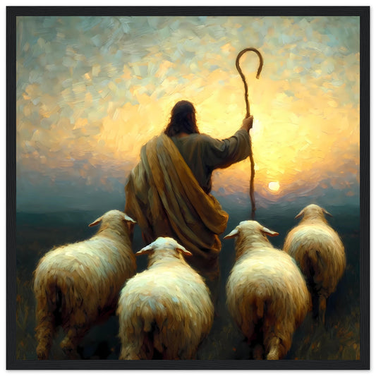 Follow Me, Jesus The Good Shepherd, Sunset Oil painting Framed Print