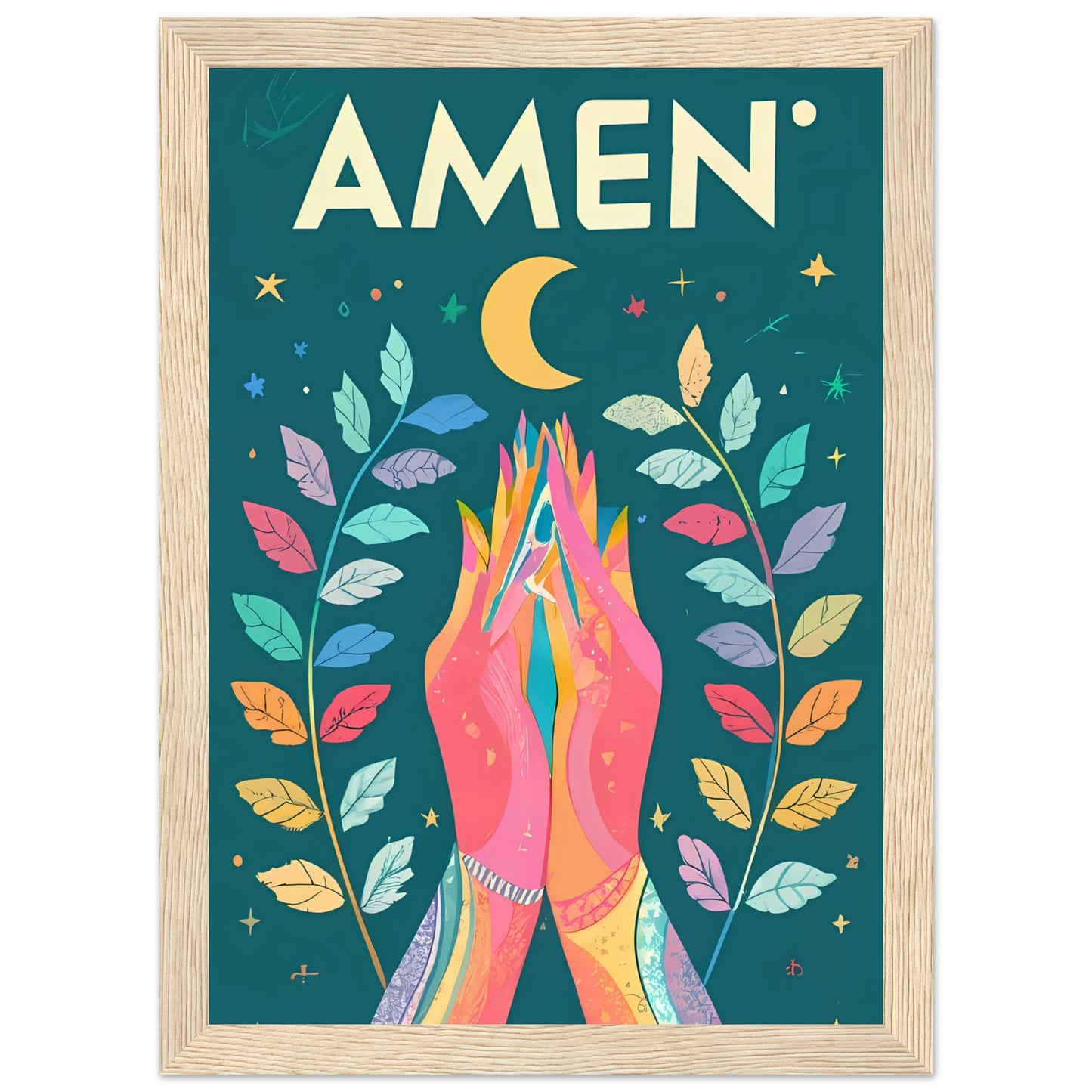 AMEN Hands Raised in Worship Framed Poster with Rainbow Floral, Star, and Moon