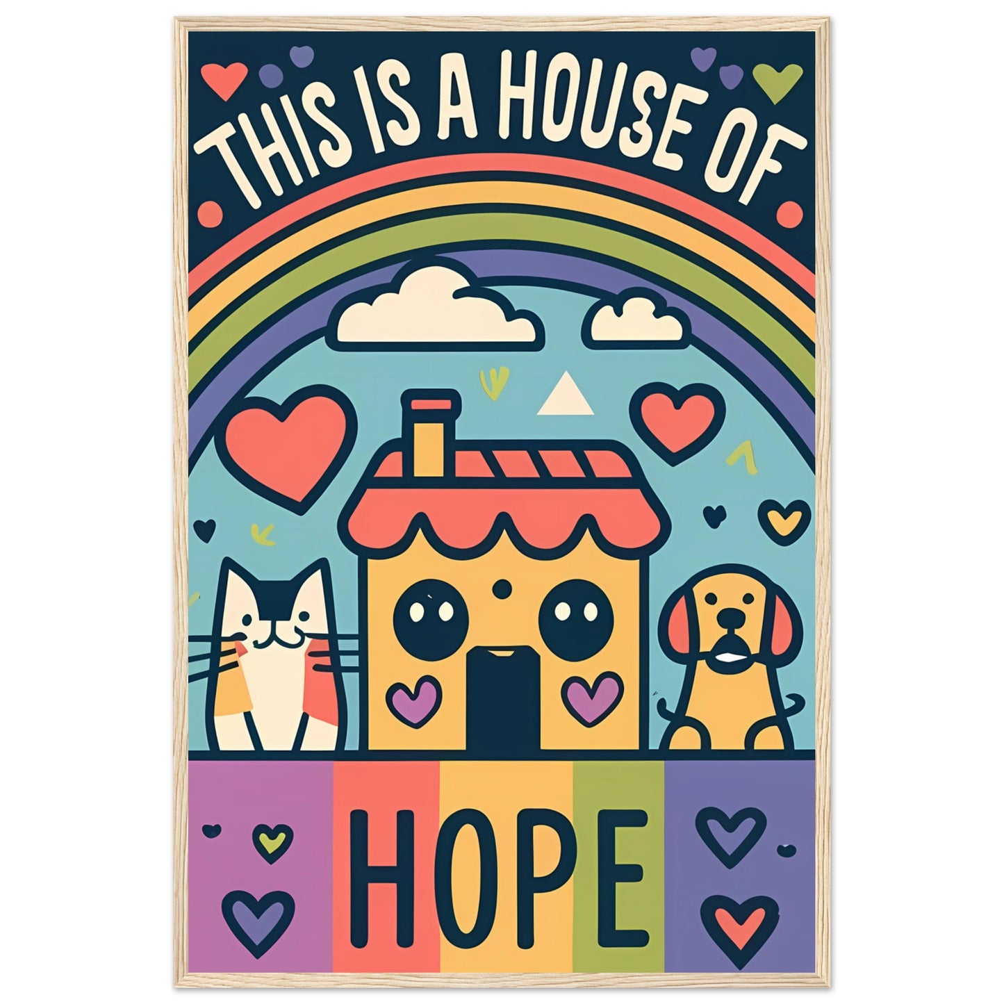 This Is a House of Hope Rainbow Kawaii Cat, Dog, and House Framed Poster