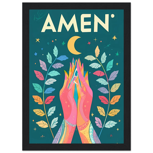 AMEN Hands Raised in Worship Framed Poster with Rainbow Floral, Star, and Moon