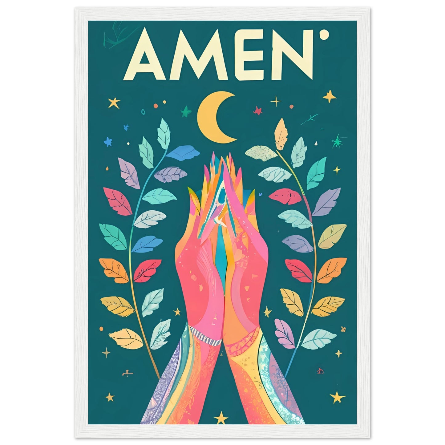 AMEN Hands Raised in Worship Framed Poster with Rainbow Floral, Star, and Moon