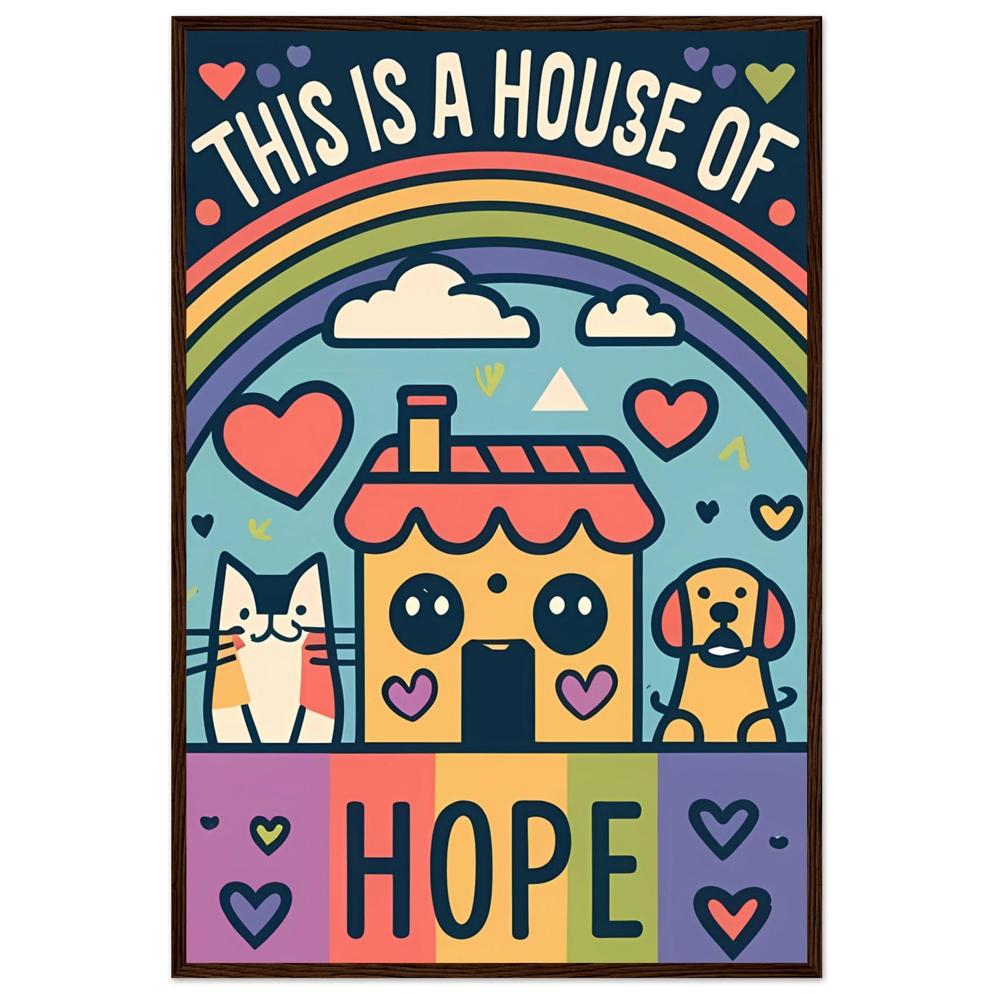 This Is a House of Hope Rainbow Kawaii Cat, Dog, and House Framed Poster