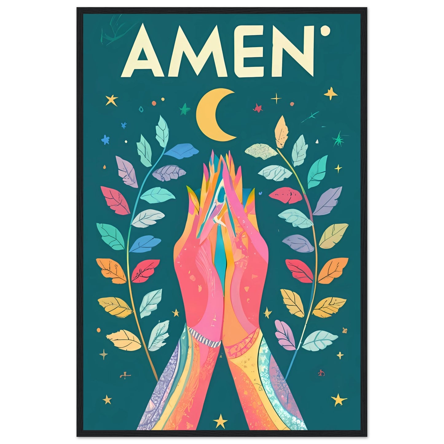 AMEN Hands Raised in Worship Framed Poster with Rainbow Floral, Star, and Moon