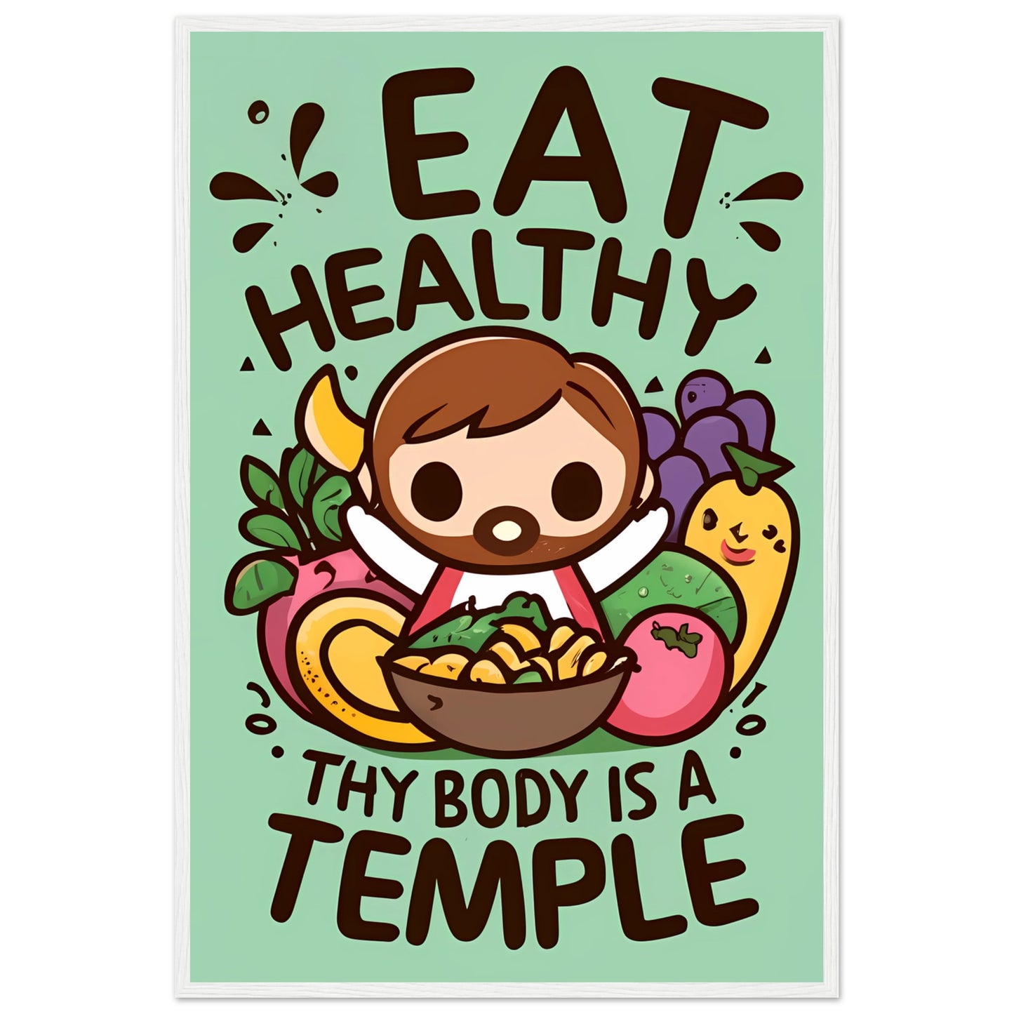 Eat Healthy, Thy Body is a Temple Kawaii Jesus Framed Poster
