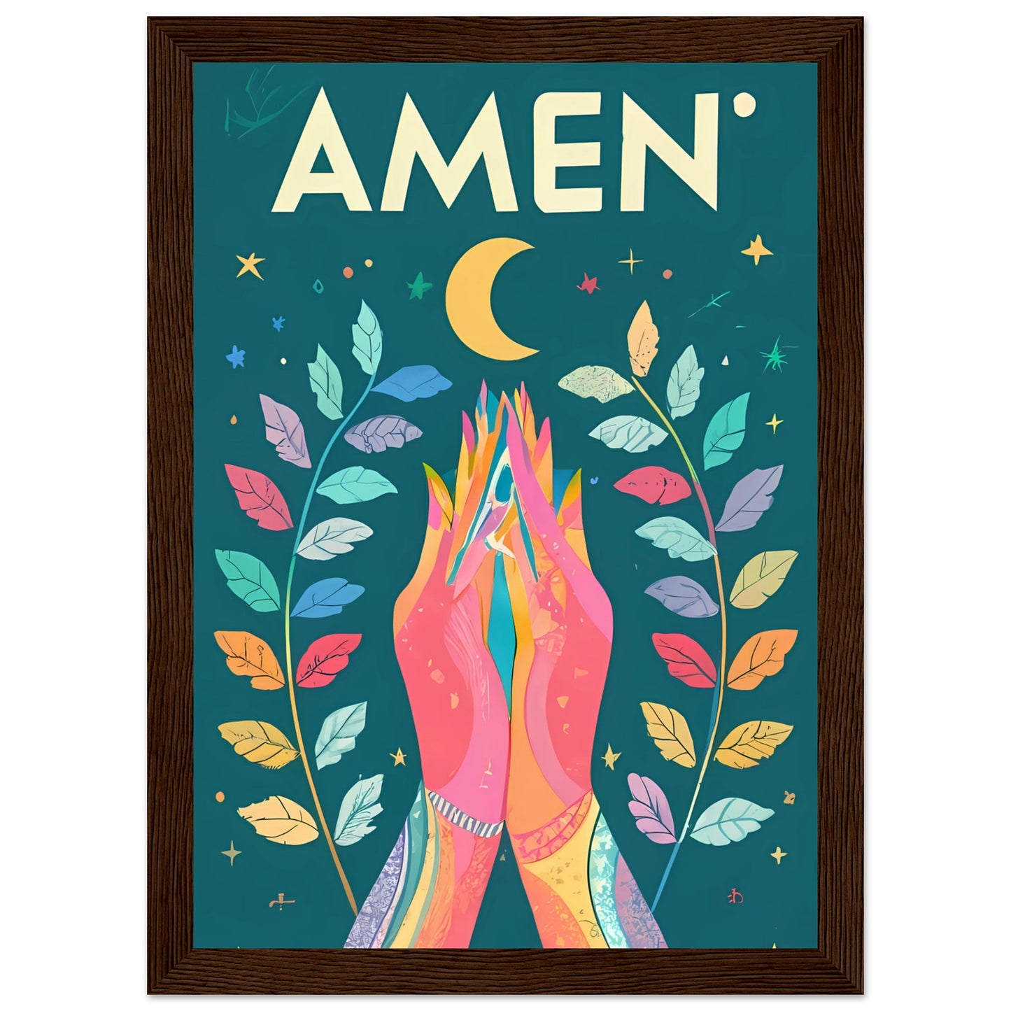 AMEN Hands Raised in Worship Framed Poster with Rainbow Floral, Star, and Moon