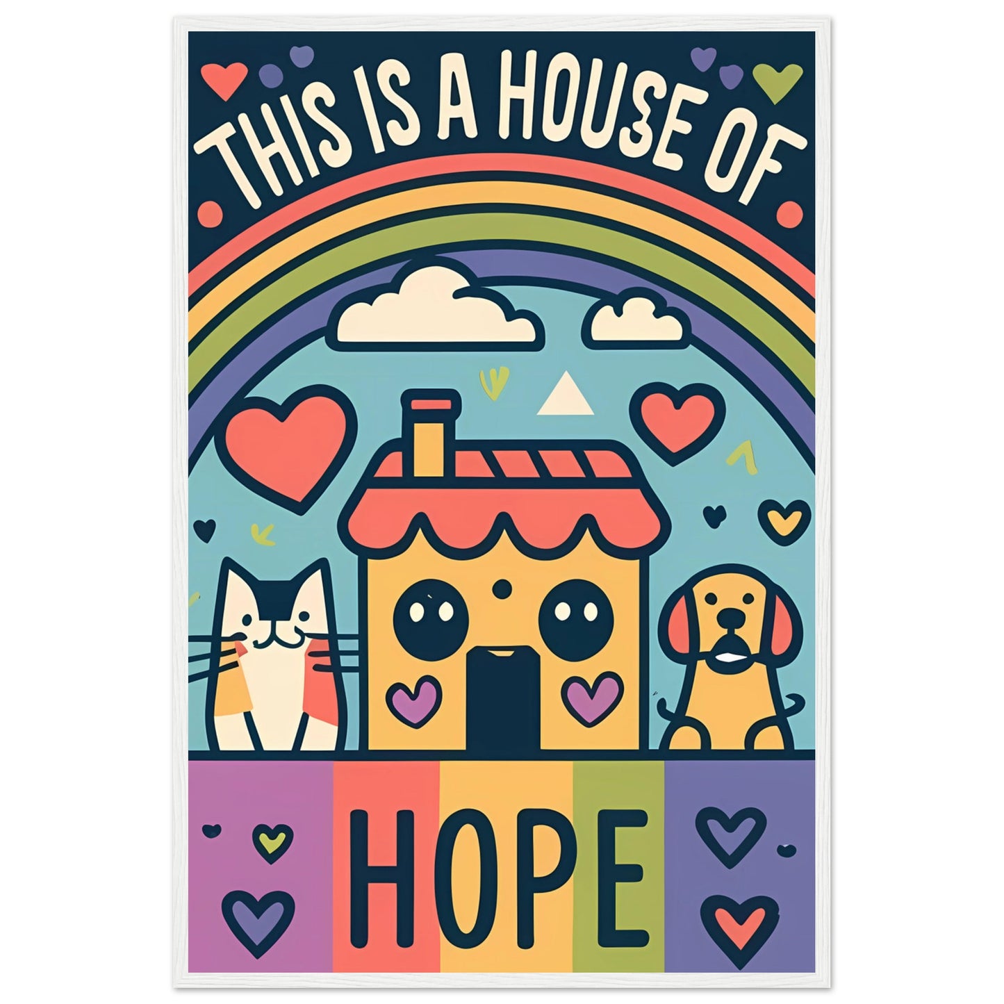 This Is a House of Hope Rainbow Kawaii Cat, Dog, and House Framed Poster