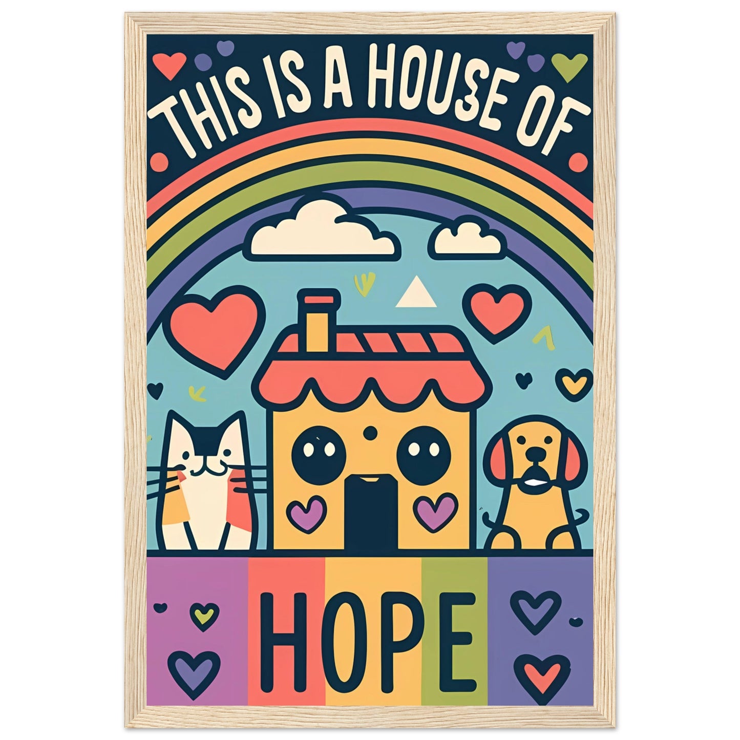 This Is a House of Hope Rainbow Kawaii Cat, Dog, and House Framed Poster