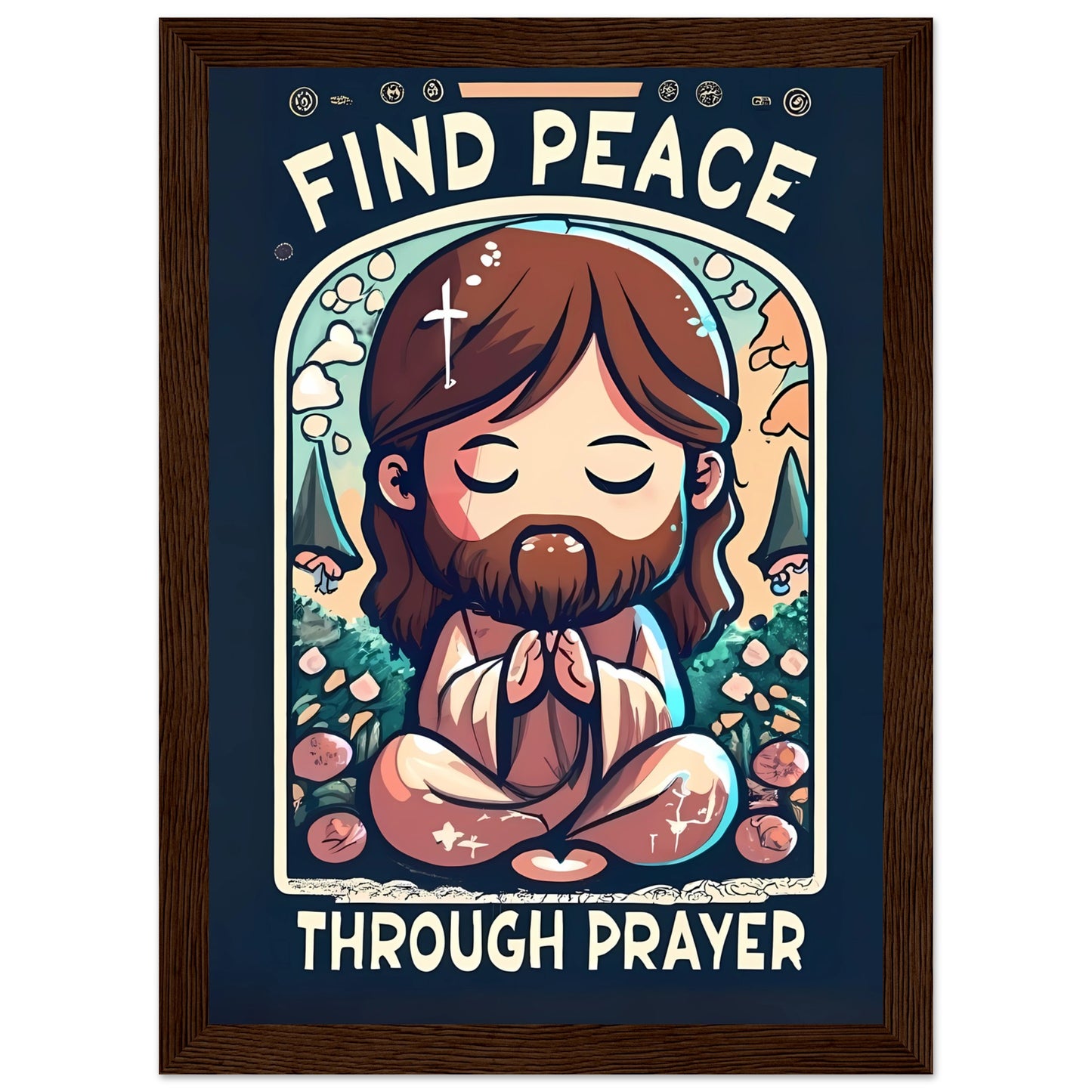 Cartoon Jesus Find Peace Through Prayer Framed Poster