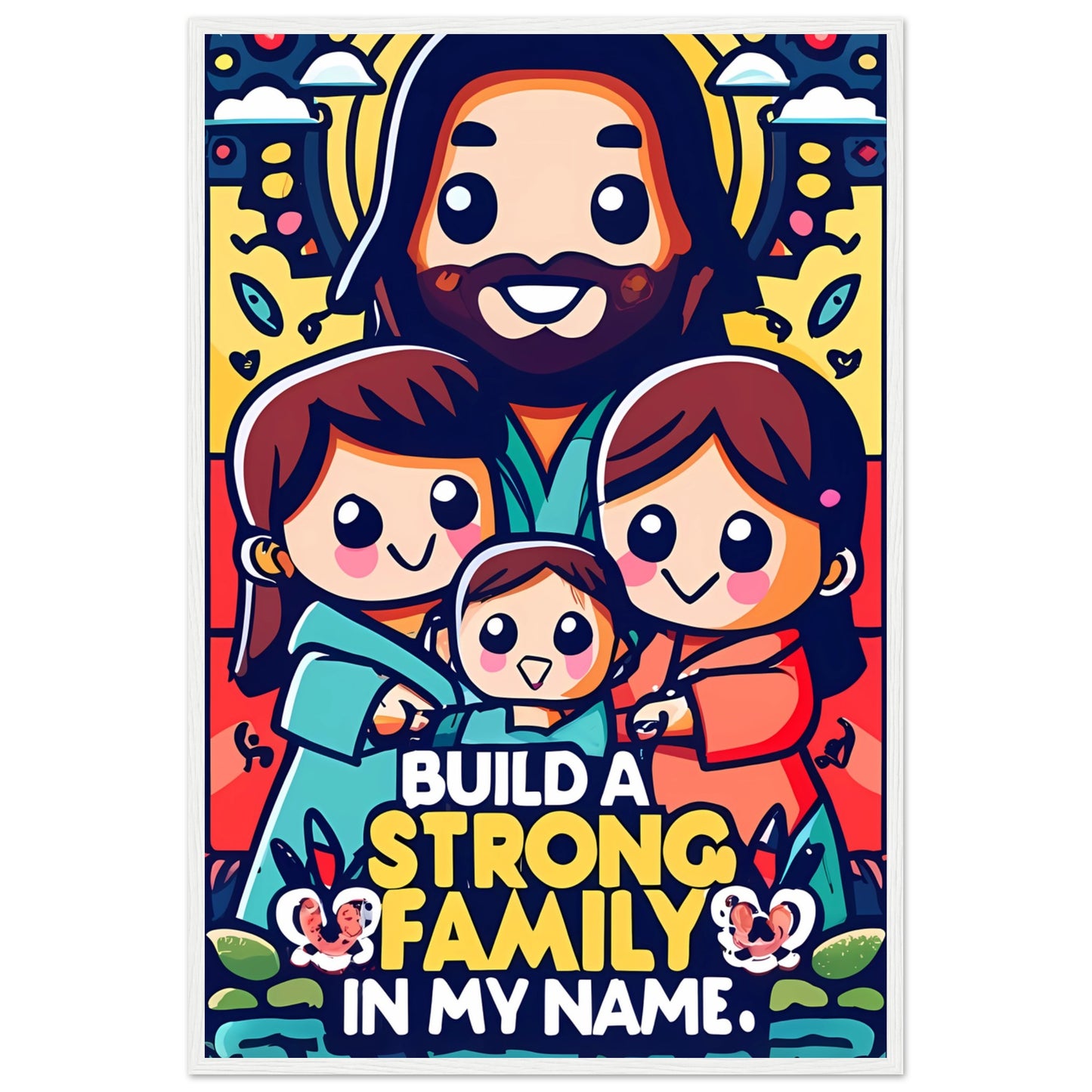 Build a Strong Family in My Name Cartoon Jesus Framed Poster