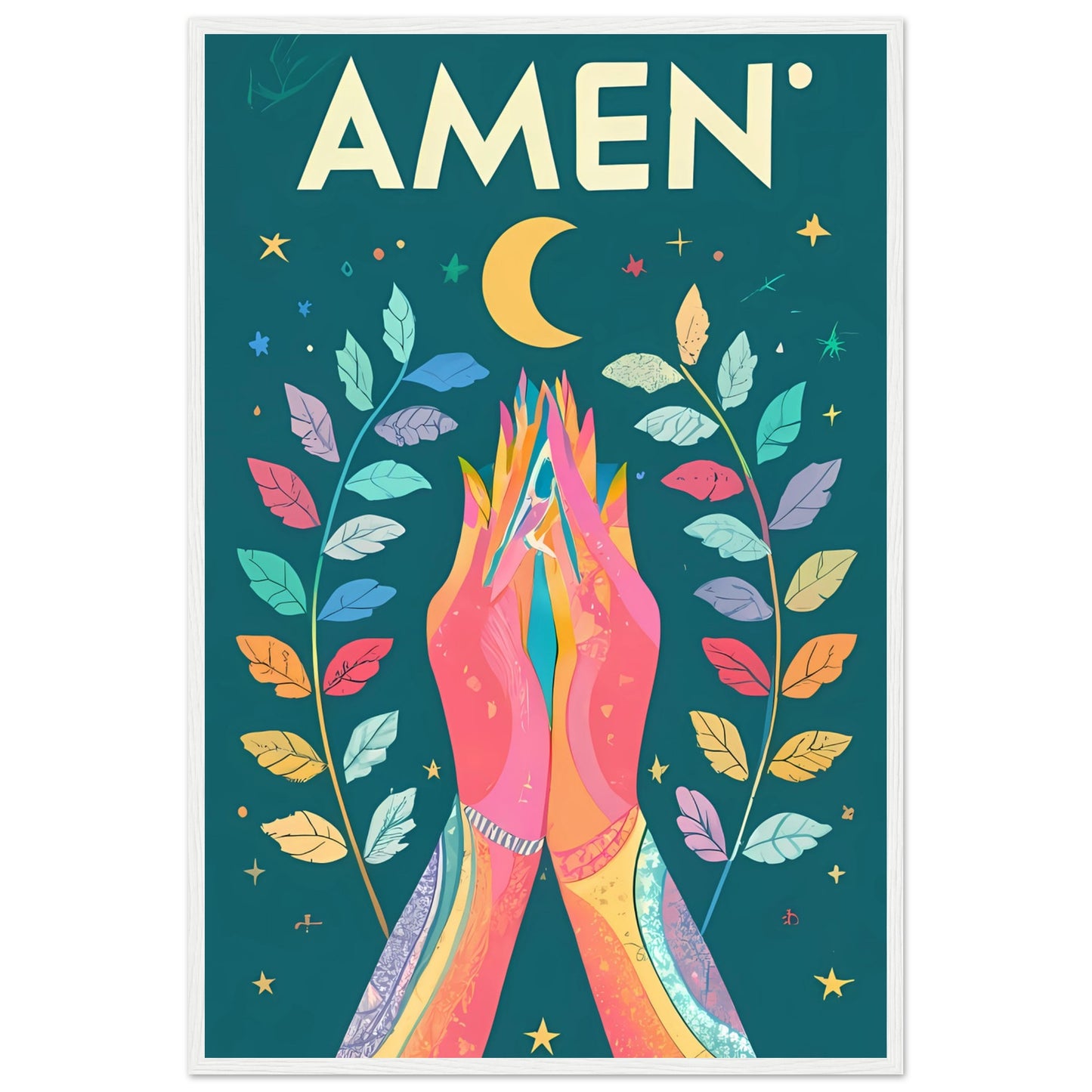 AMEN Hands Raised in Worship Framed Poster with Rainbow Floral, Star, and Moon