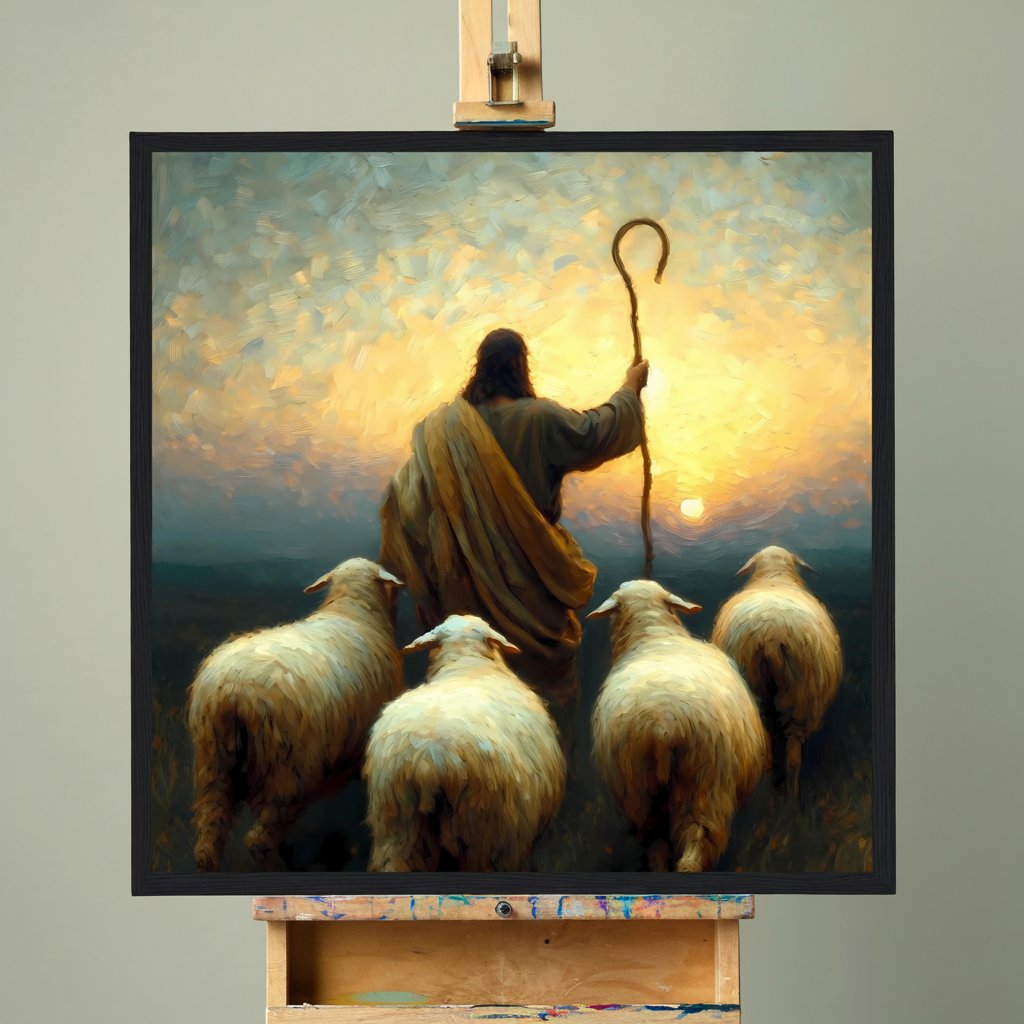 Follow Me, Jesus The Good Shepherd, Sunset Oil painting Framed Print