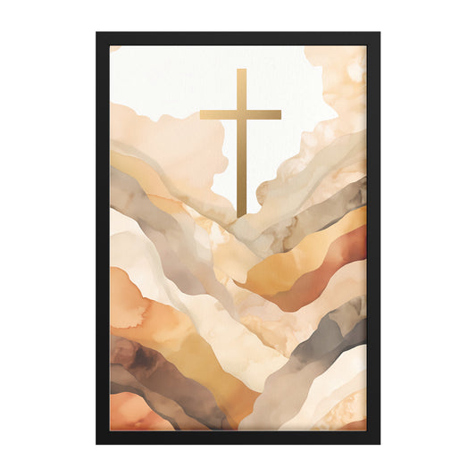 Hillside Serenity: Watercolor Cross Framed Artprint