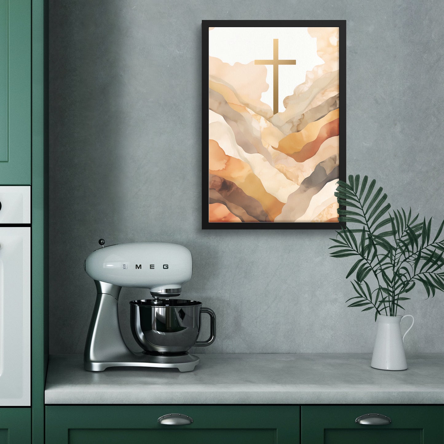 Hillside Serenity: Watercolor Cross Framed Artprint