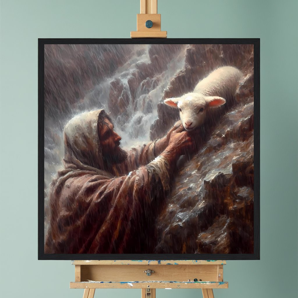 It's alright now, Jesus Recuing a Baby Lamb Framed Print