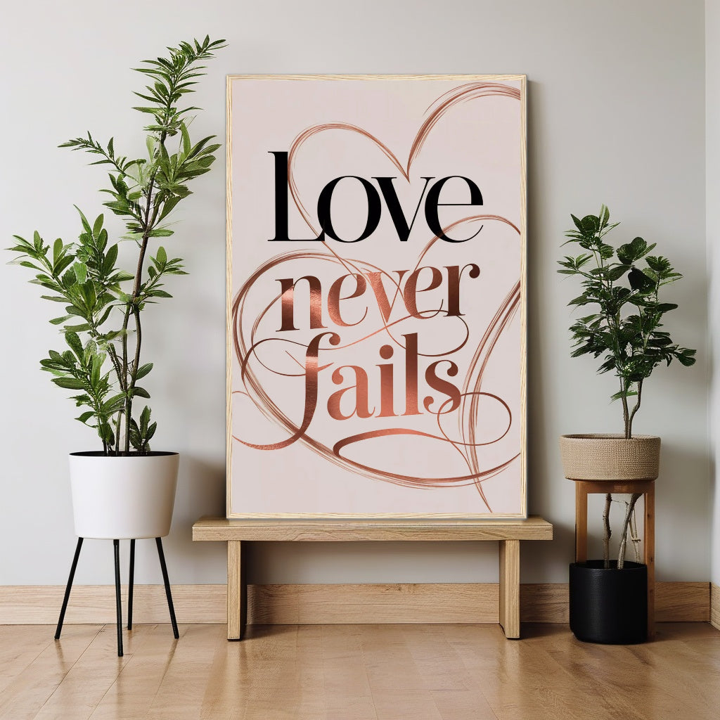 Love Never Fails | Elegant Scripture Typography Wall Art