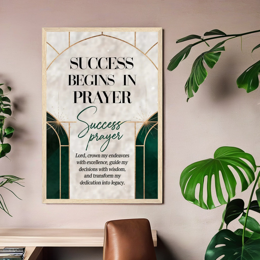 Poster with the text 'Success Begins in Prayer' displayed in a beautiful botanical interior, combining emerald green and gold tones with modern architectural design, hanging elegantly on a wall above a desk. Perfect for home offices, workplaces, or inspirational spaces, the poster features a heartfelt prayer for wisdom and excellence, serving as a daily reminder for Christians that success flows from time spent with God. Ideal as a thoughtful gift for graduates, business leaders, or anyone stepping into a s