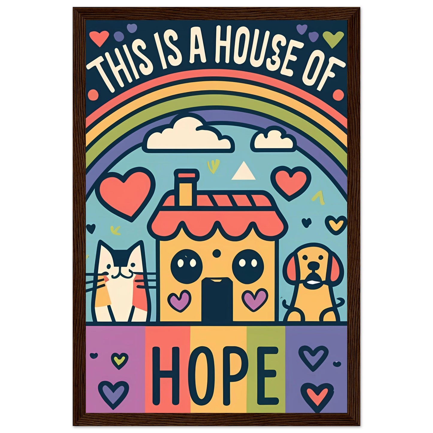 This Is a House of Hope Rainbow Kawaii Cat, Dog, and House Framed Poster