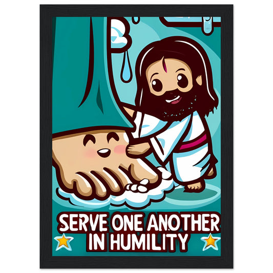 Cartoon Jesus Serve One Another in Humility Framed Poster
