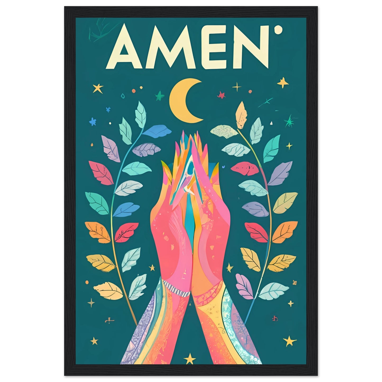 AMEN Hands Raised in Worship Framed Poster with Rainbow Floral, Star, and Moon