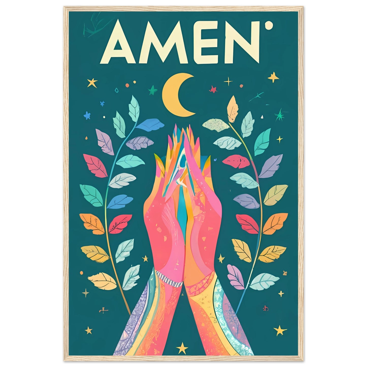 AMEN Hands Raised in Worship Framed Poster with Rainbow Floral, Star, and Moon