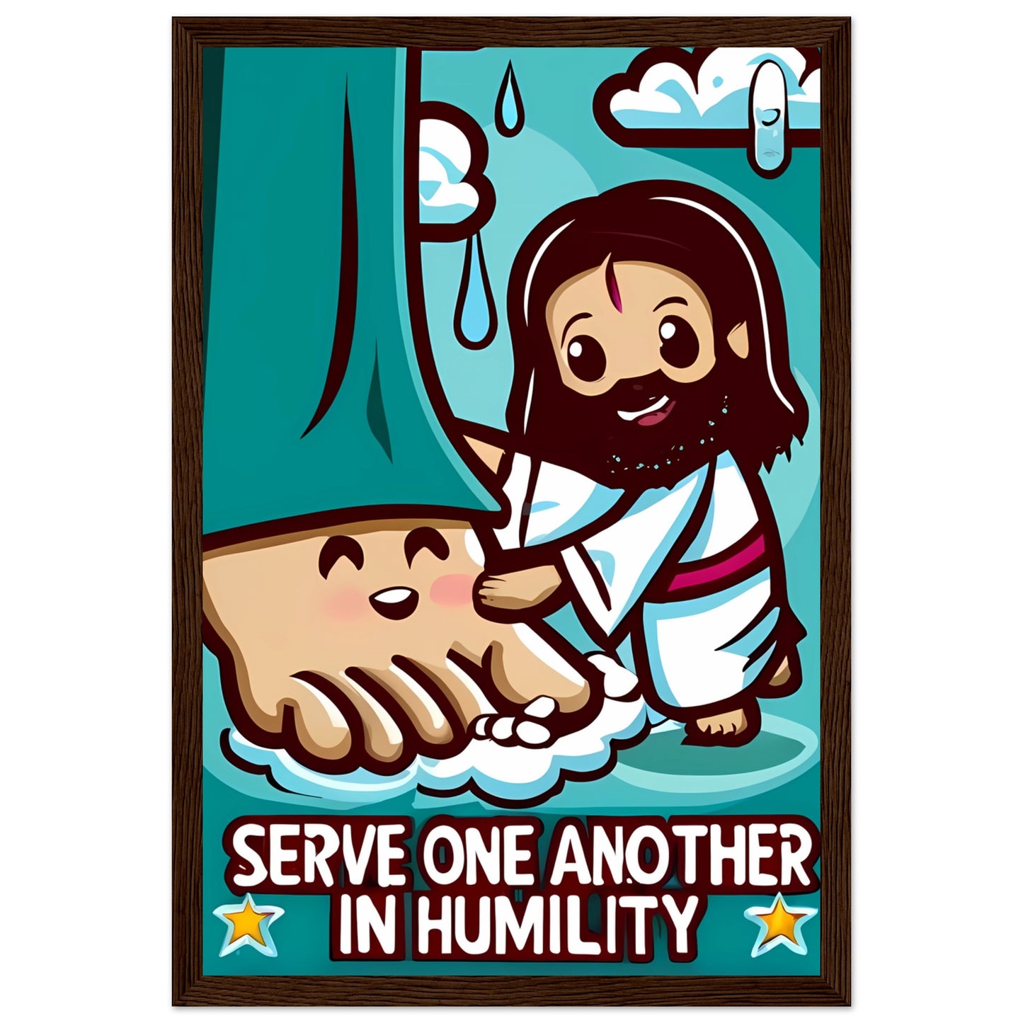 Cartoon Jesus Serve One Another in Humility Framed Poster