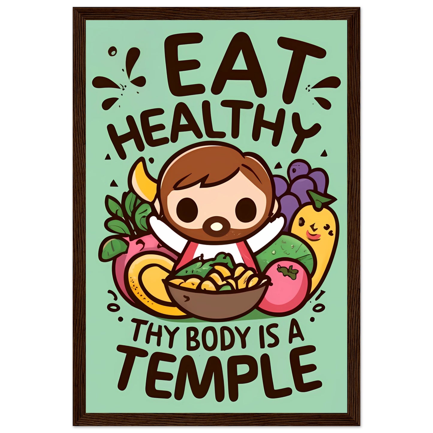 Eat Healthy, Thy Body is a Temple Kawaii Jesus Framed Poster