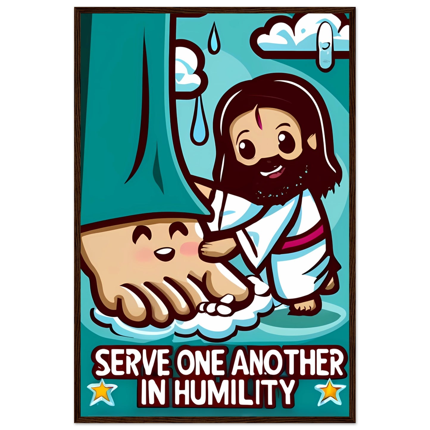 Cartoon Jesus Serve One Another in Humility Framed Poster