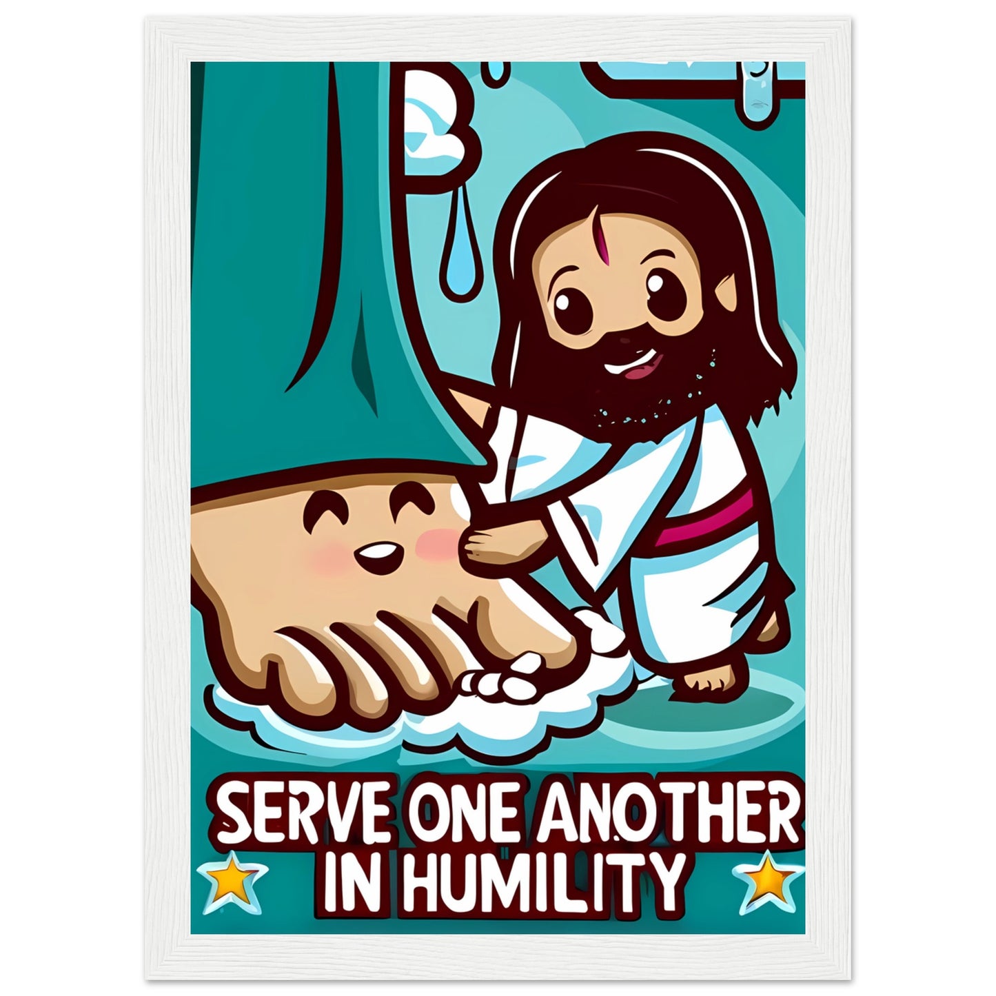 Cartoon Jesus Serve One Another in Humility Framed Poster