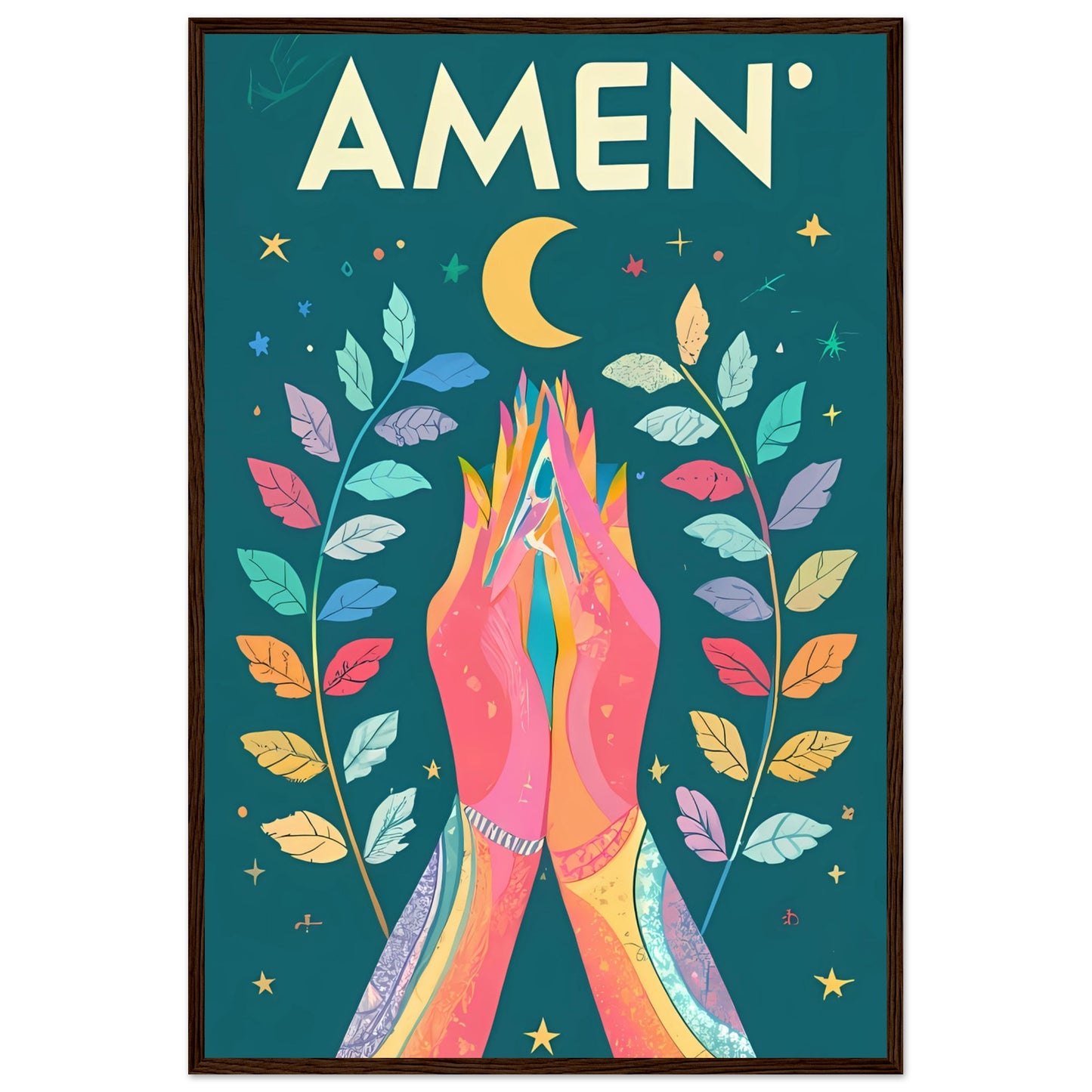 AMEN Hands Raised in Worship Framed Poster with Rainbow Floral, Star, and Moon
