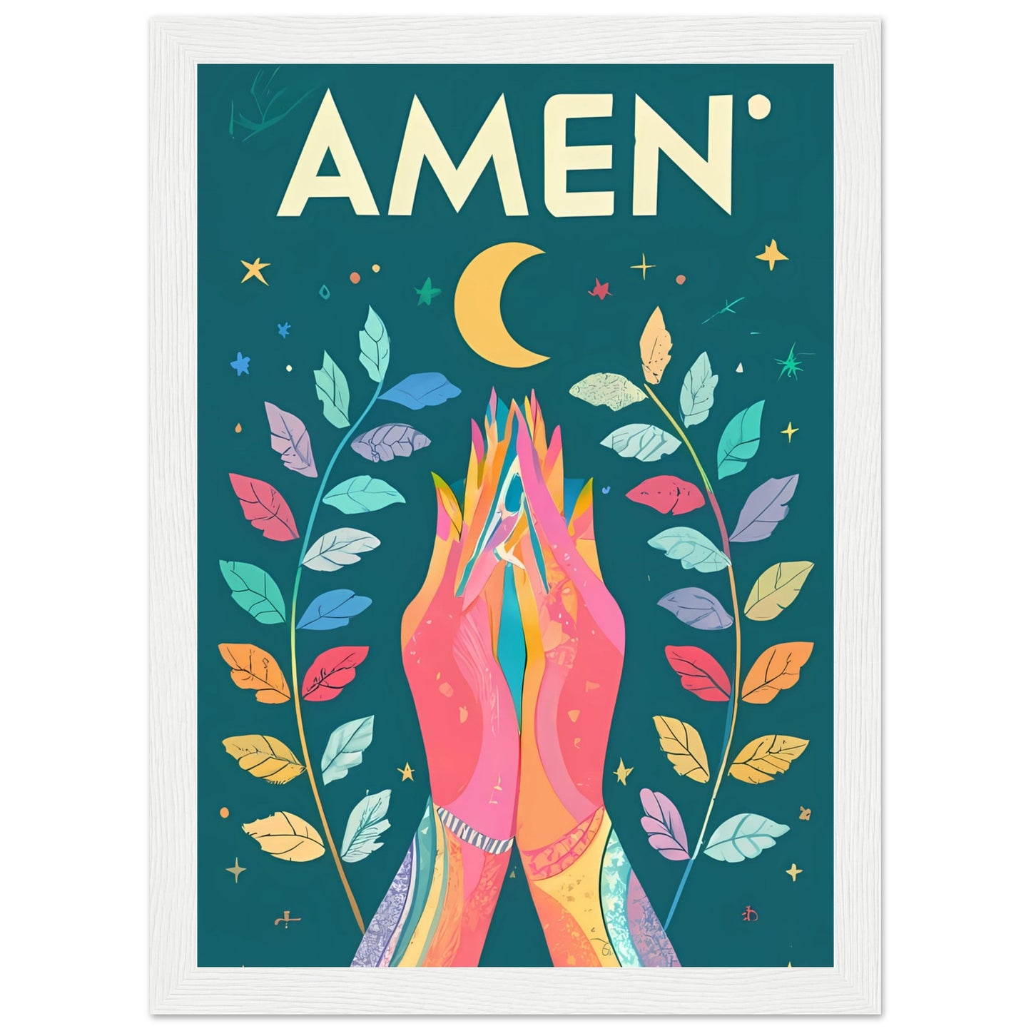 AMEN Hands Raised in Worship Framed Poster with Rainbow Floral, Star, and Moon