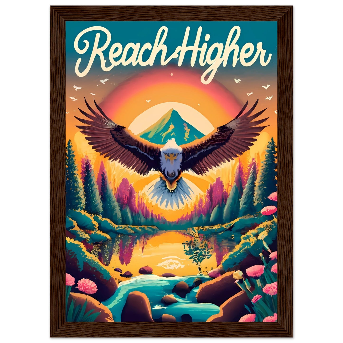 Reach Higher Retro Style Framed Poster with Isaiah 40:31, Eagle Flying, Sunset