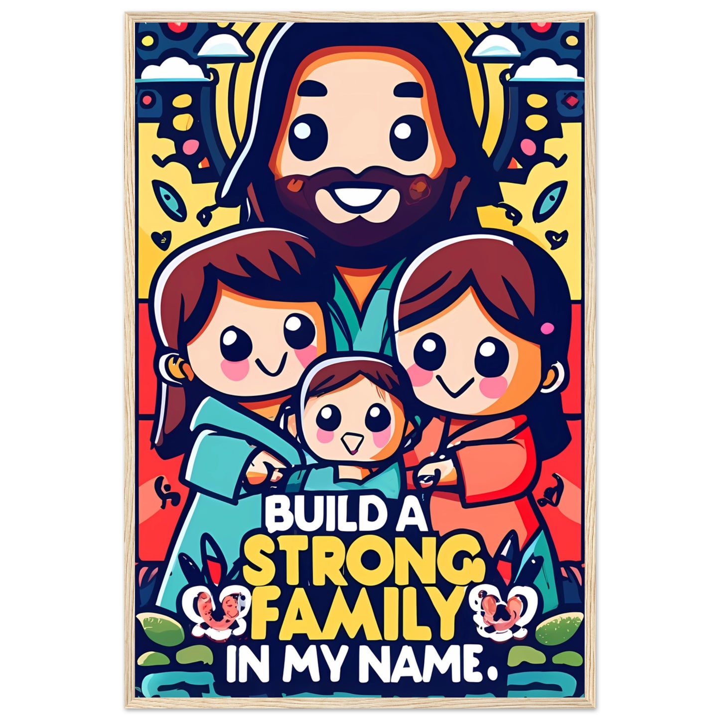 Build a Strong Family in My Name Cartoon Jesus Framed Poster