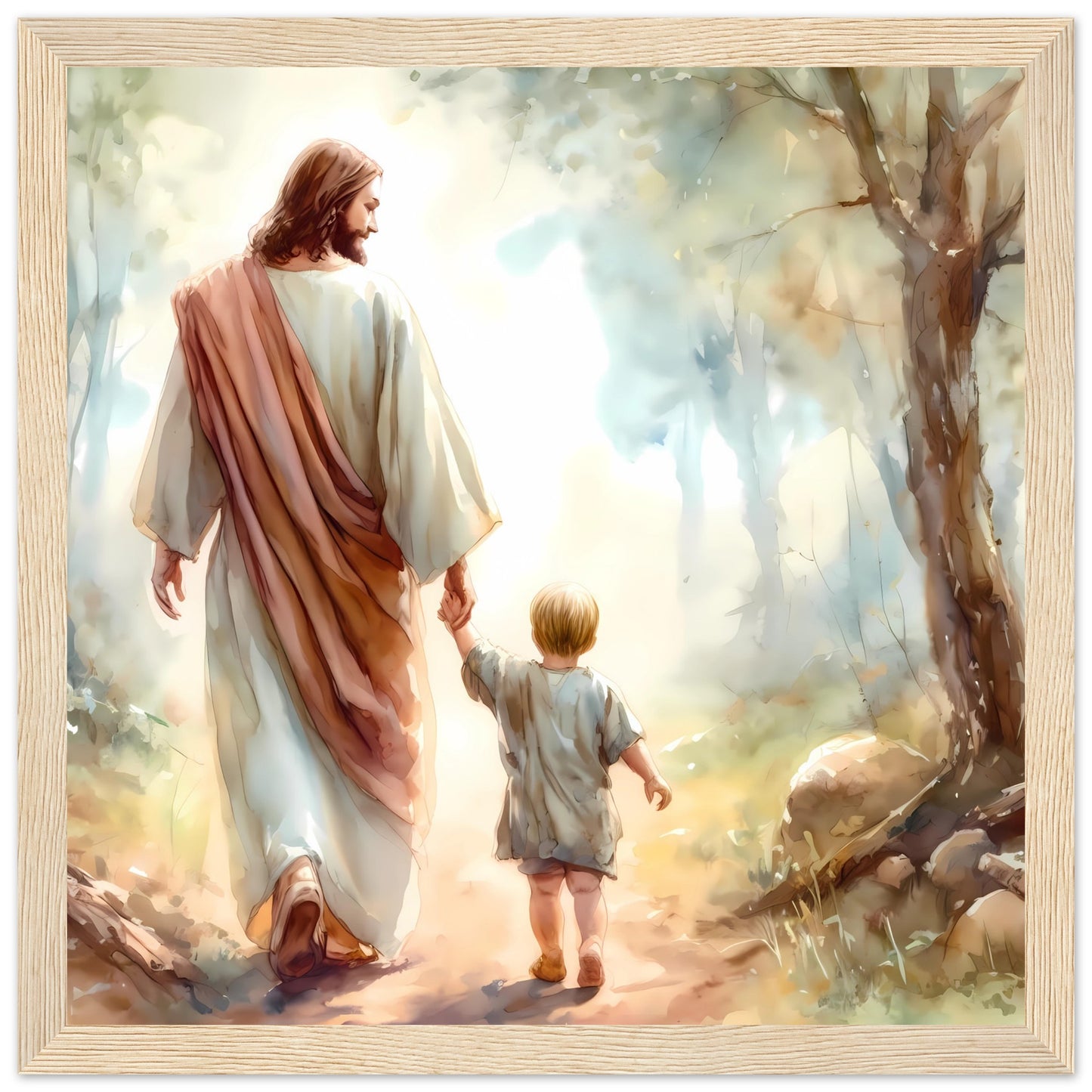 Jesus as a Guardian Holding Hand with a Child Framed Print