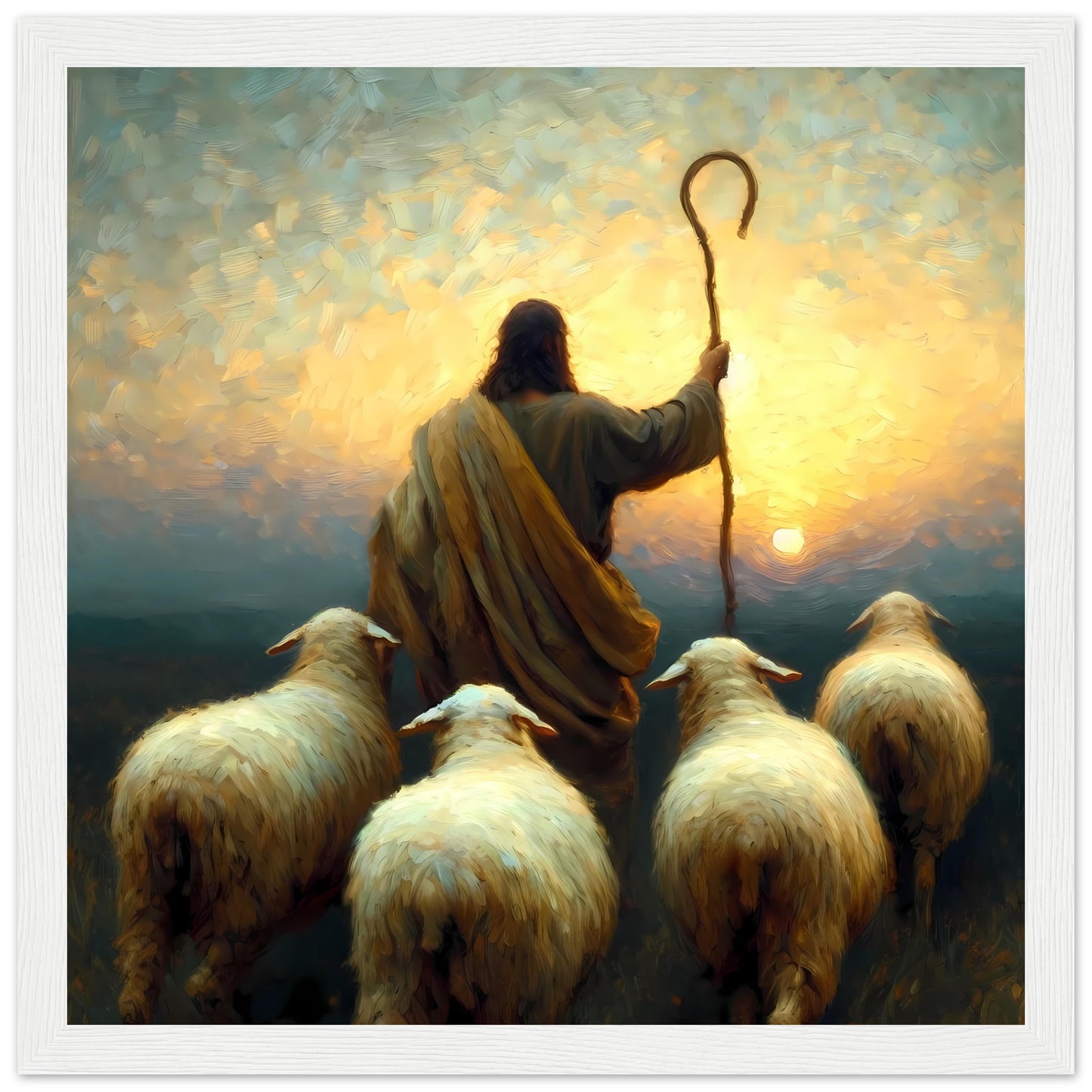 Follow Me, Jesus The Good Shepherd, Sunset Oil painting Framed Print