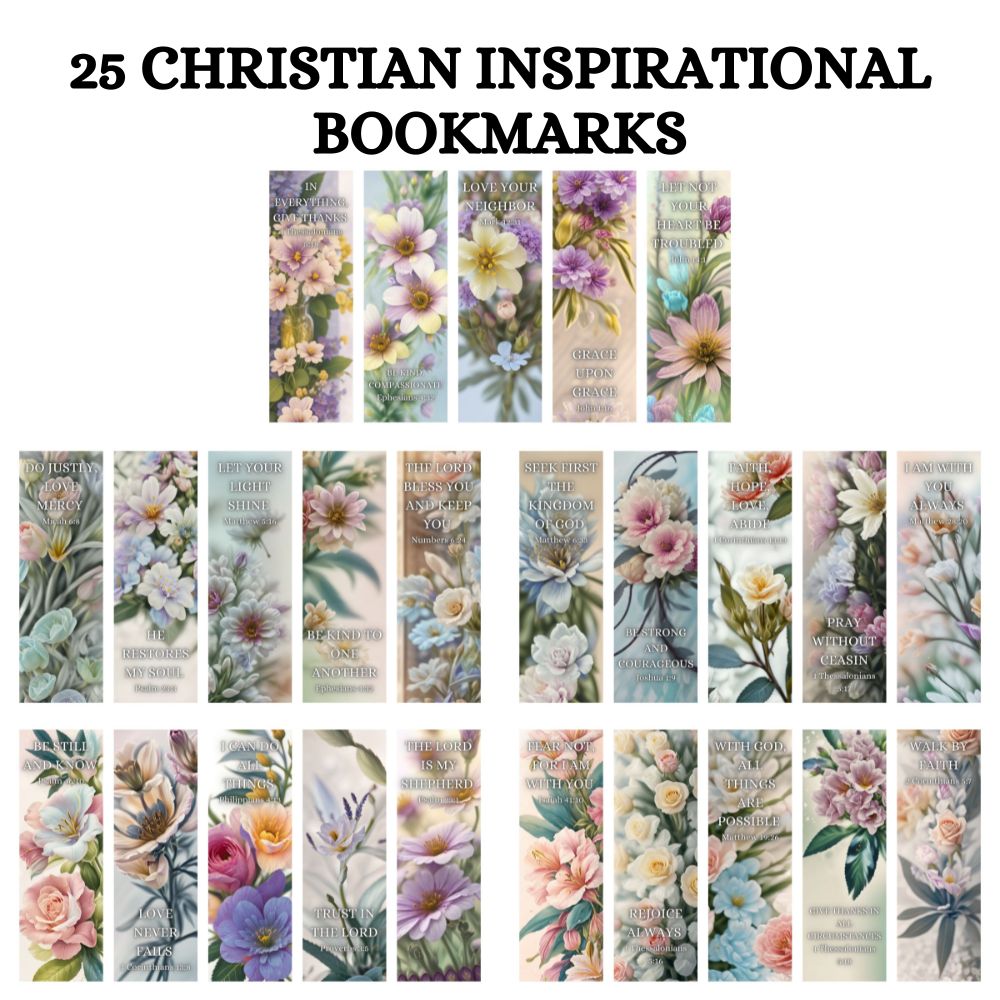 25 Printable Motivational Bookmarks with Bible Verses - Christian Floral Collection