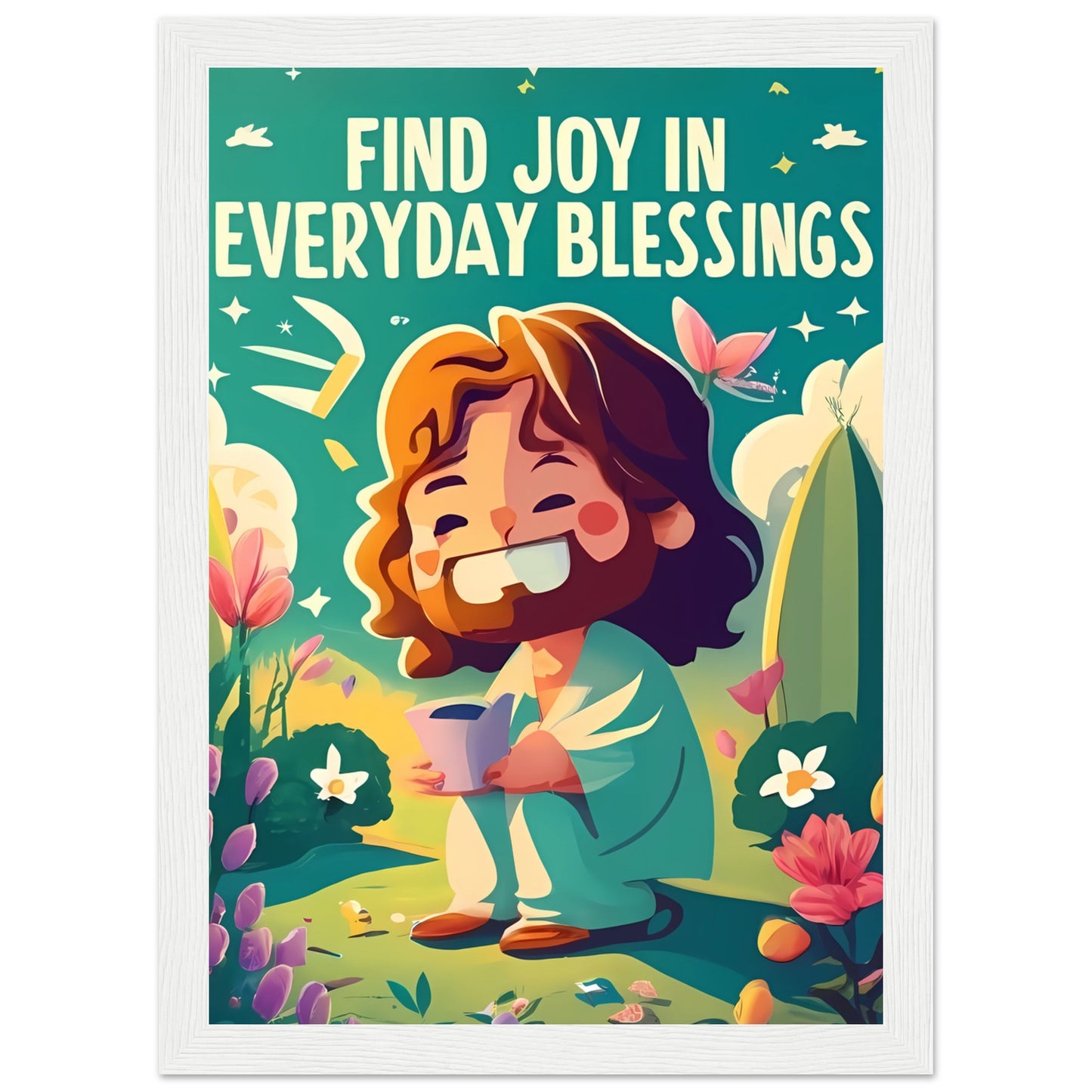 Cartoon Jesus Find Joy in Everyday Blessings Framed Poster