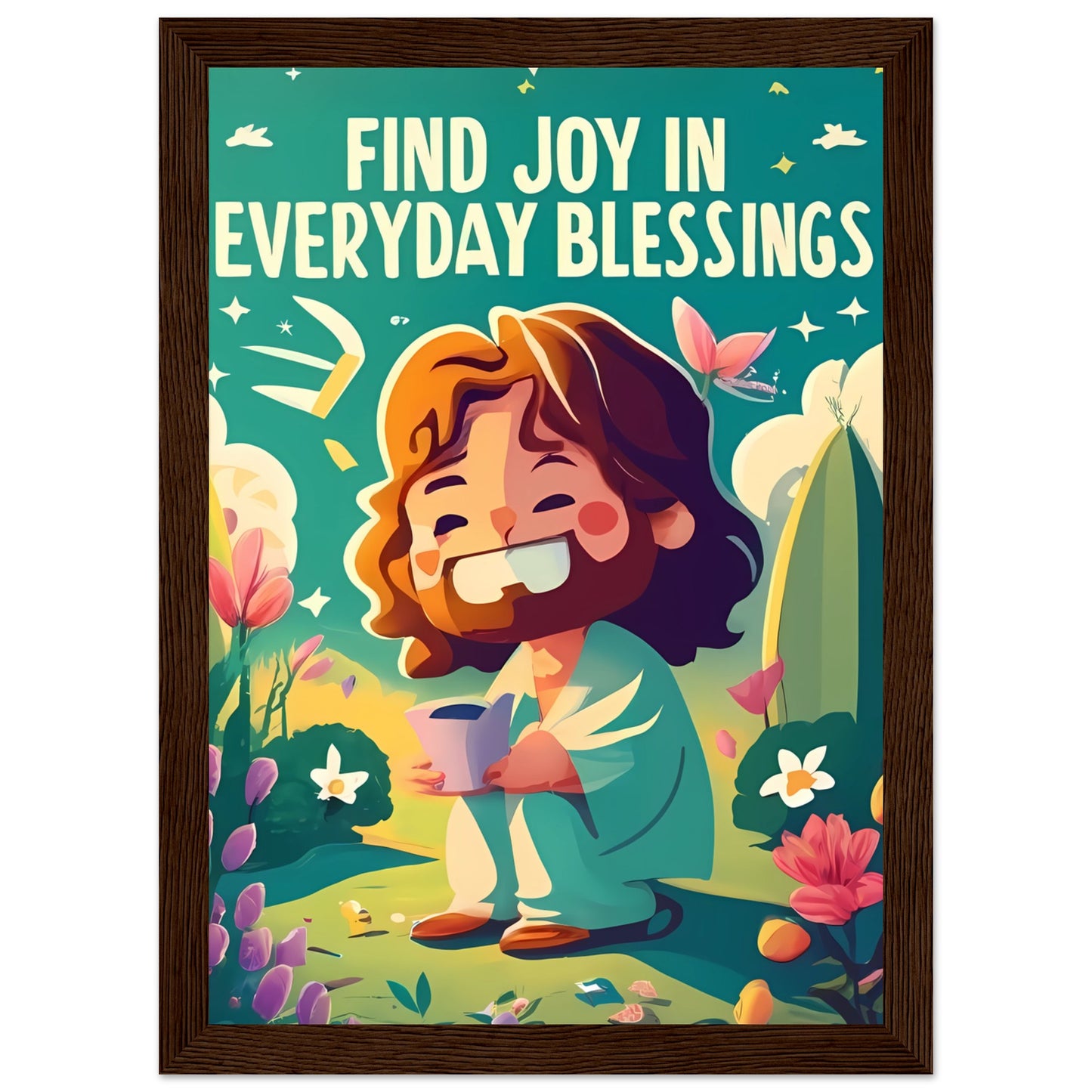 Cartoon Jesus Find Joy in Everyday Blessings Framed Poster