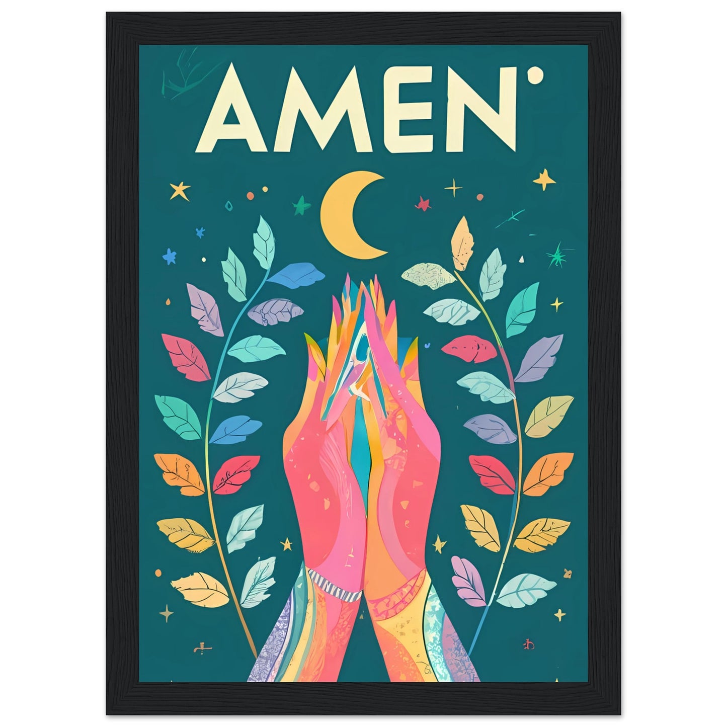 AMEN Hands Raised in Worship Framed Poster with Rainbow Floral, Star, and Moon