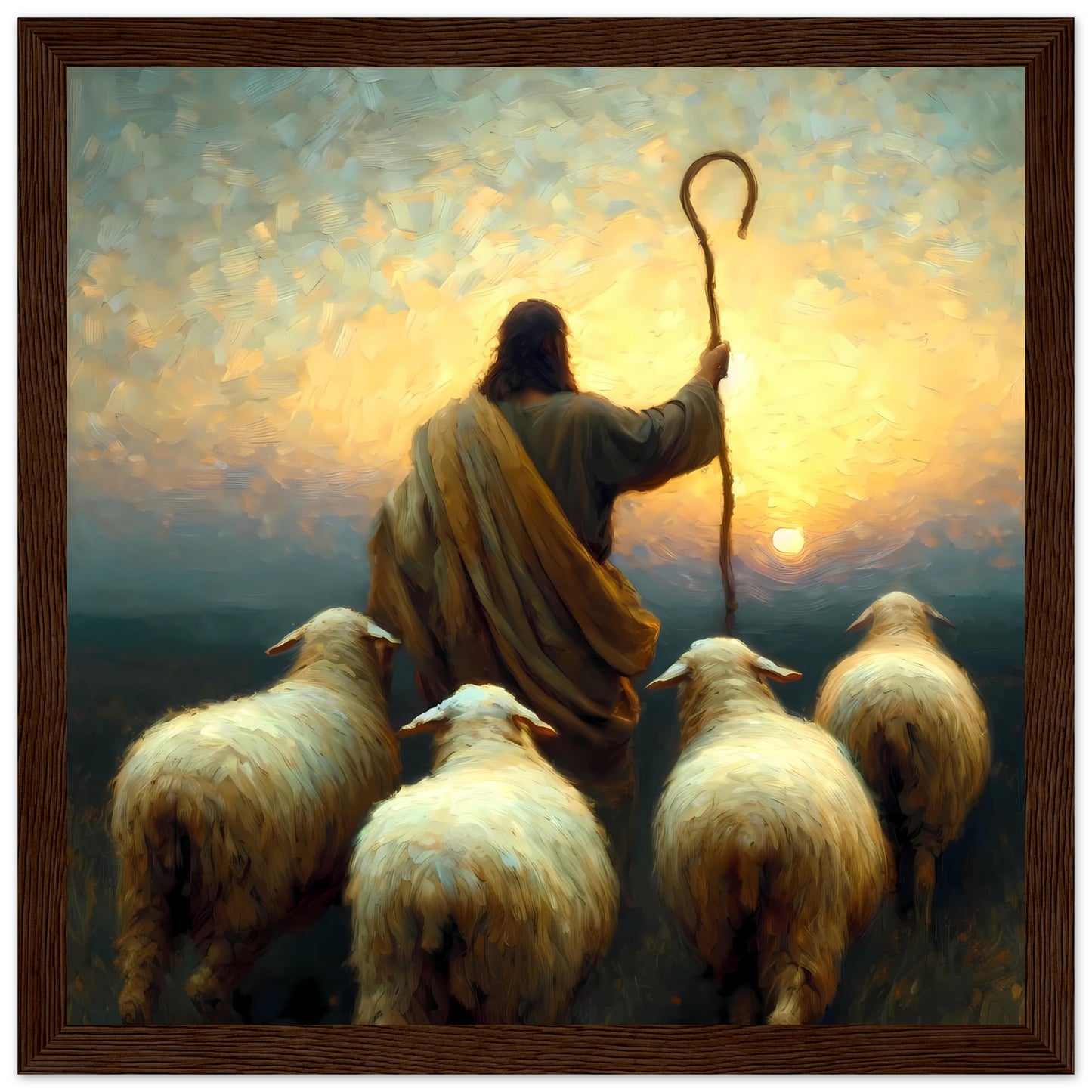 Follow Me, Jesus The Good Shepherd, Sunset Oil painting Framed Print