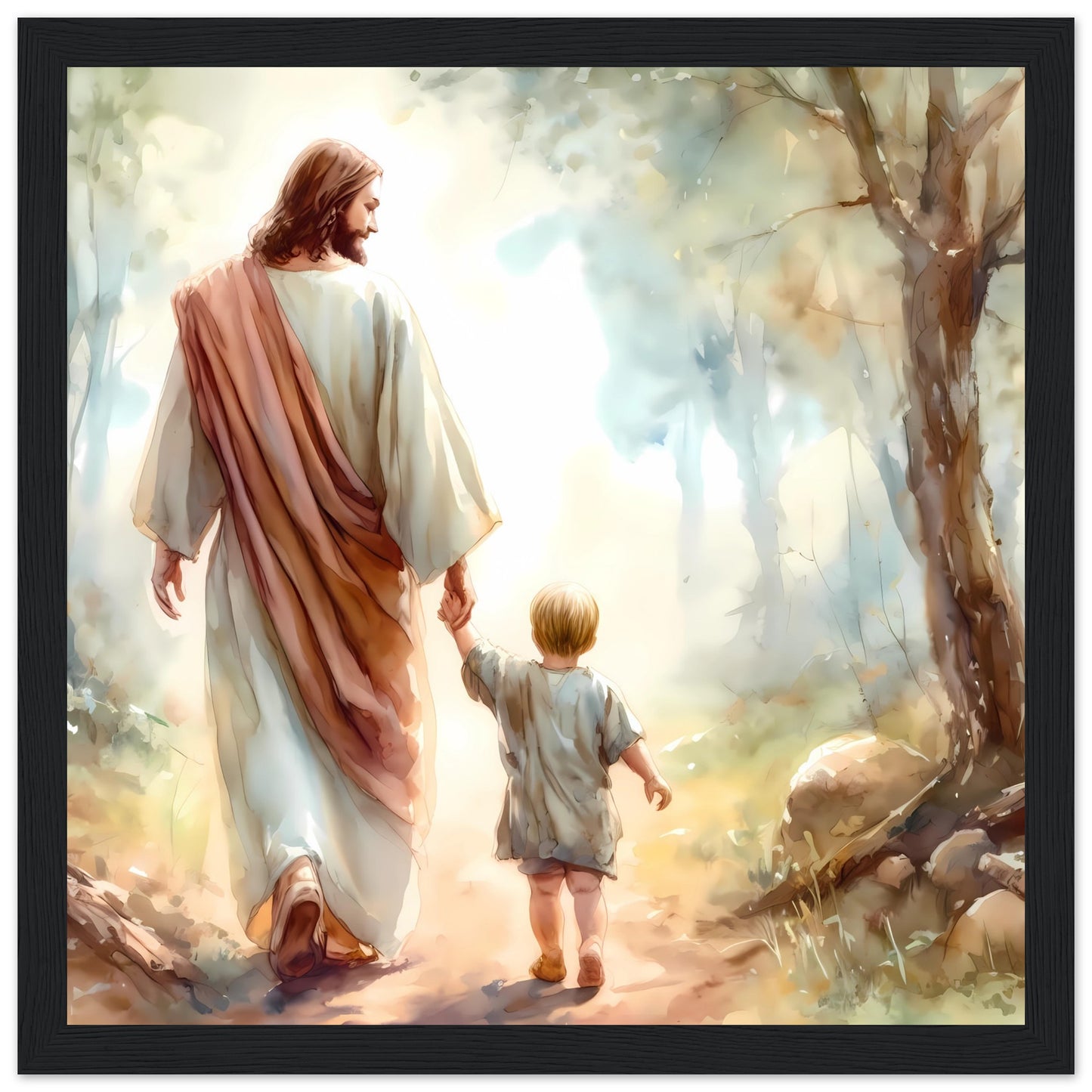 Jesus as a Guardian Holding Hand with a Child Framed Print