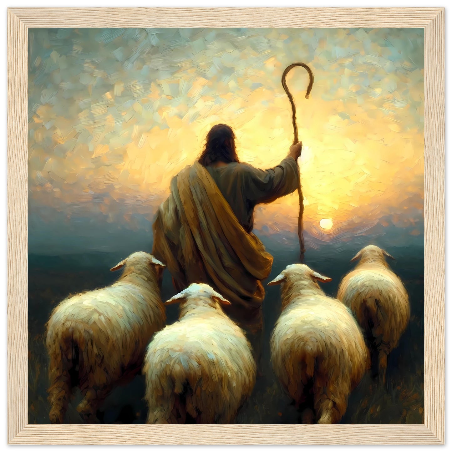 Follow Me, Jesus The Good Shepherd, Sunset Oil painting Framed Print