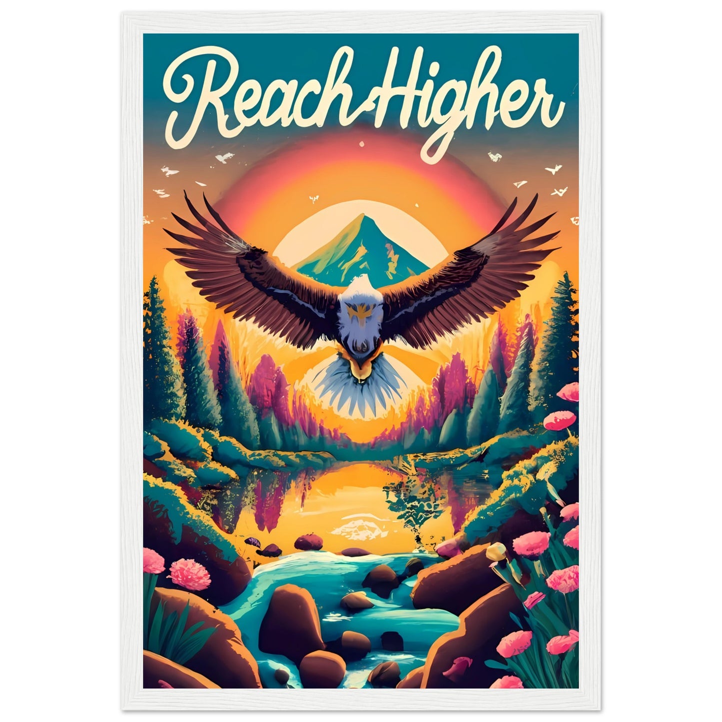 Reach Higher Retro Style Framed Poster with Isaiah 40:31, Eagle Flying, Sunset