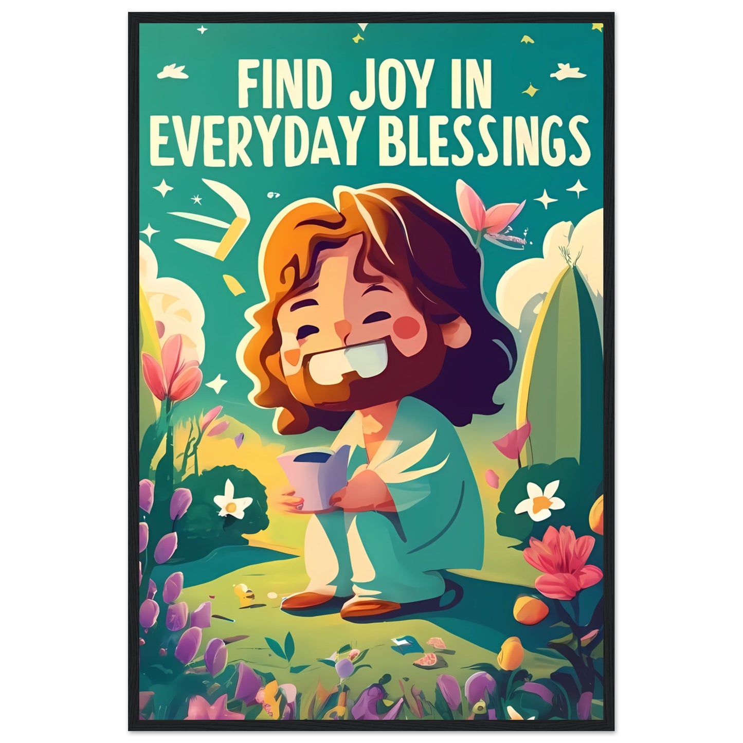 Cartoon Jesus Find Joy in Everyday Blessings Framed Poster