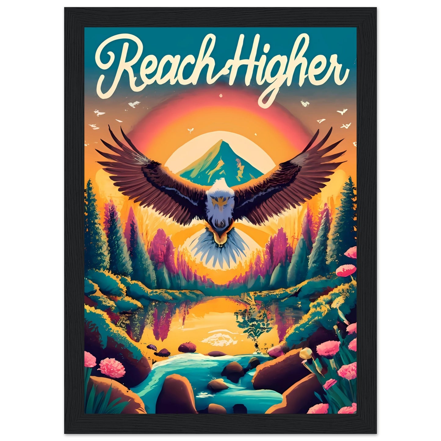 Reach Higher Retro Style Framed Poster with Isaiah 40:31, Eagle Flying, Sunset